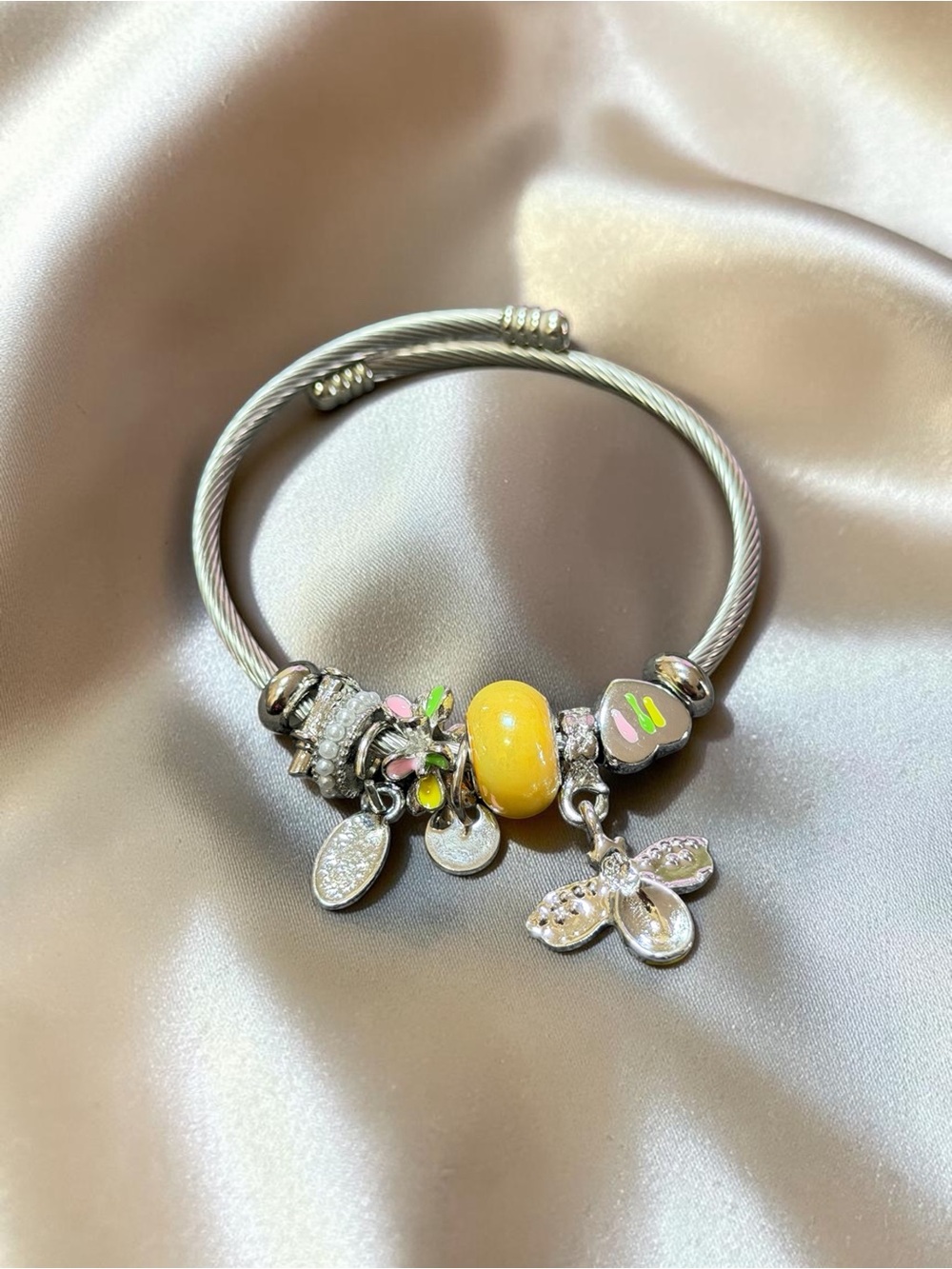 Silver Cable Charm Bangle Bracelet with Yellow Glass Bead and Butterfly Accent